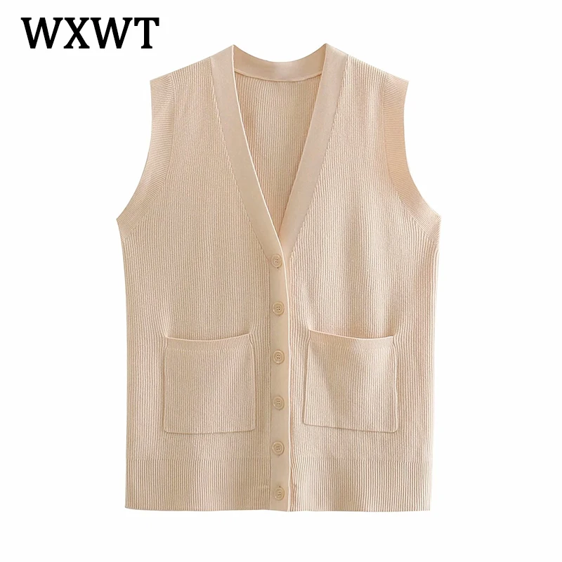 

WXWT Casual V Neck Ribbing Vest Sweater Women Sleeveless Knitted Cardigan 2021 Female Single Breasted Pockets Waistcoat Tops
