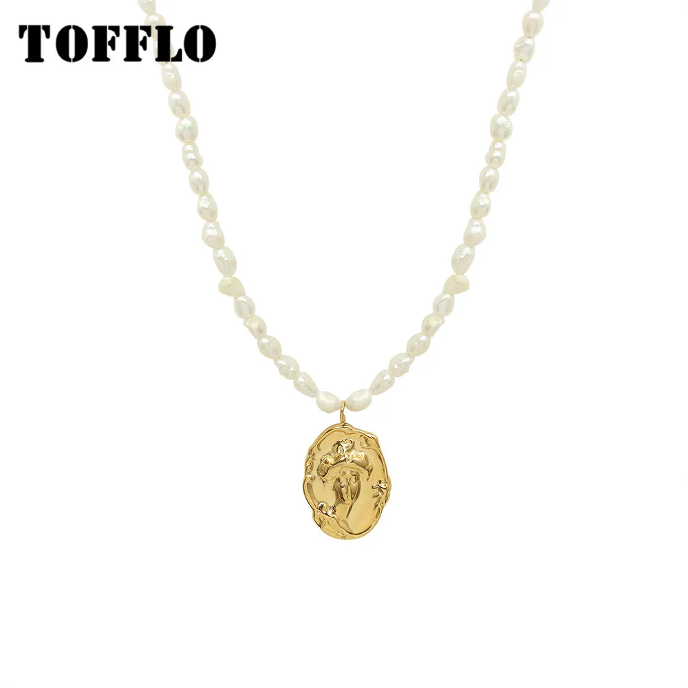 

TOFFLO Stainless Steel Embossed Female Head Retro Pendant Collarbone Chain Women's Fashion Freshwater Pearl Necklace BSP1127