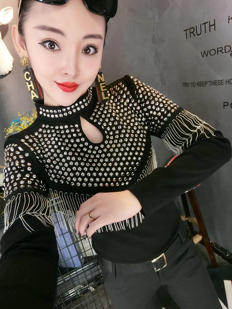 

Luxury Shiny Beadings Stand Collar Blouses Women Shirts Hollow Out Vintage Party Sexy Tassels Tops Blouses NS63