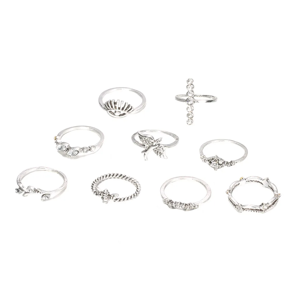 

9pcs exaggerated bird bee crown diamond branch diamond devil's eye ring nine-piece joint ring for feminine jewelry gifts