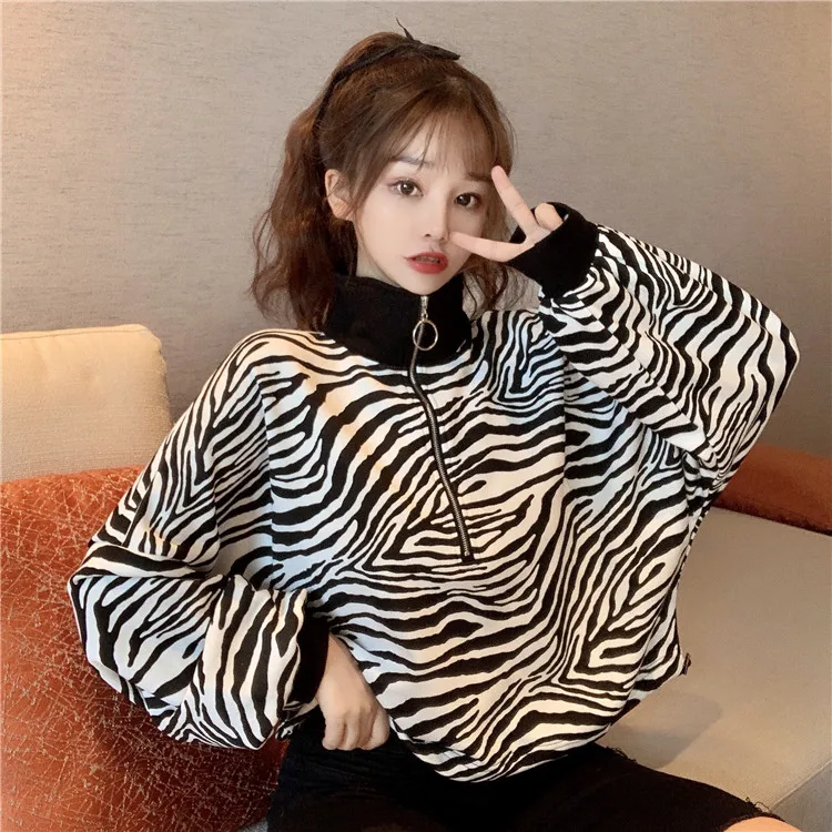 

Korean Harajuku Oversized Sweatshirt Women Turtleneck Zipper Zebra Pattern Long Sleeve Loose Pullovers Hipster Streetwear New