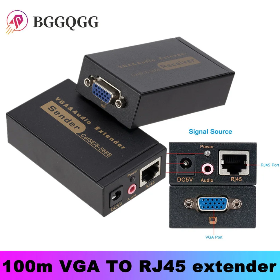 

BGGQGG 100m HD 1080P UTP VGA Extender RJ45 1x1 Splitter with 3.5mm Audio RJ45/cat5e/6 ethernet cable for projector HDTV PC