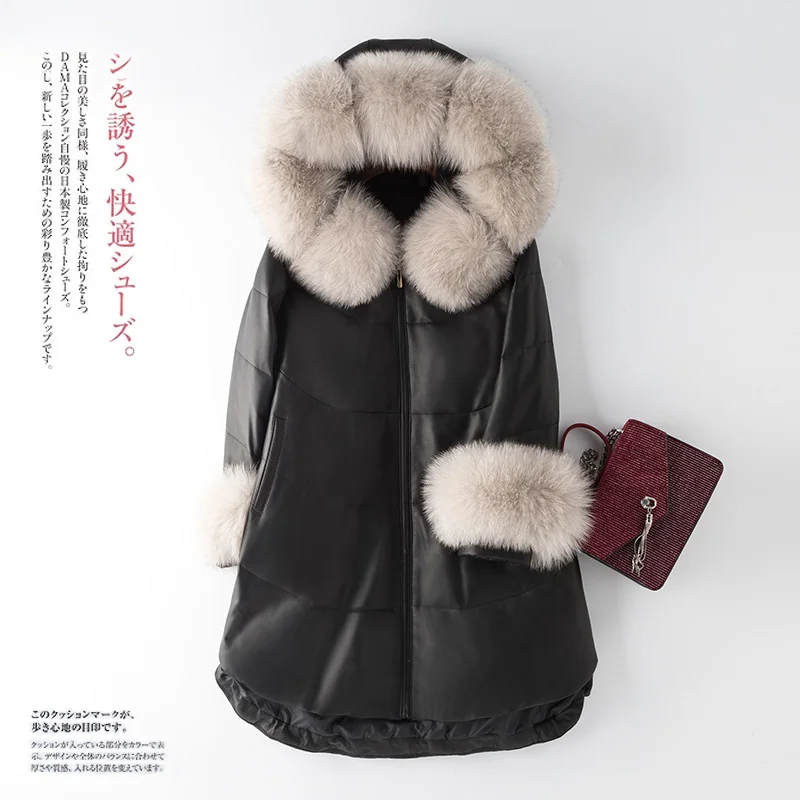 Женский пуховик из натуральной кожи с воротником меха лисы и овчины красный топ в