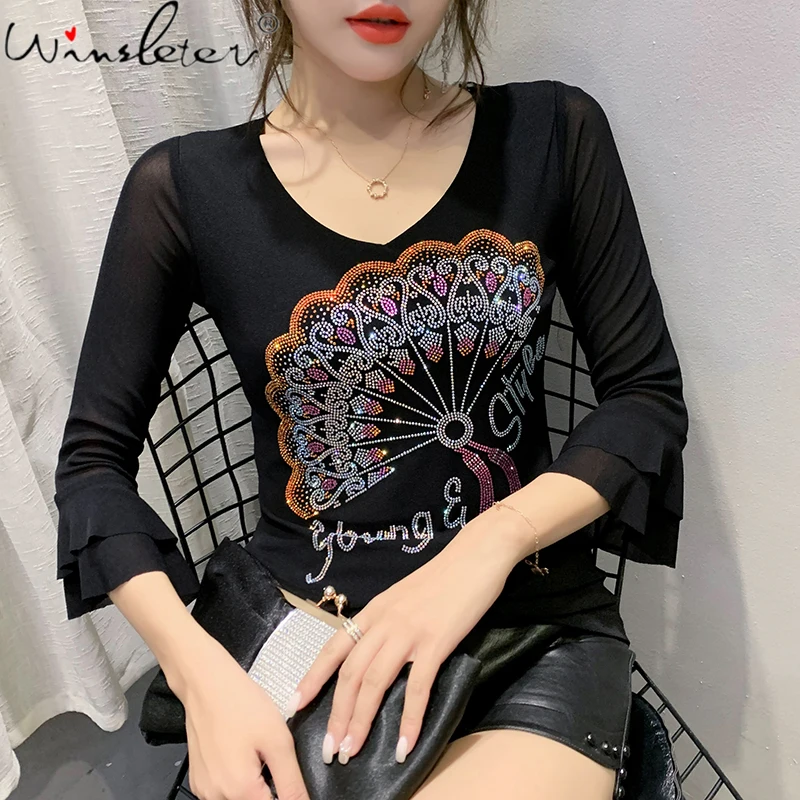 Футболка женская с оборками модный пикантный нейлоновый топ блестящими