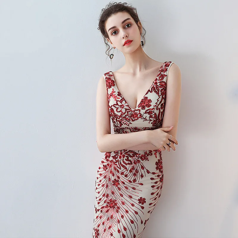 Вечернее платье официальное сексуальное v-образный вырез русалки роскошное с