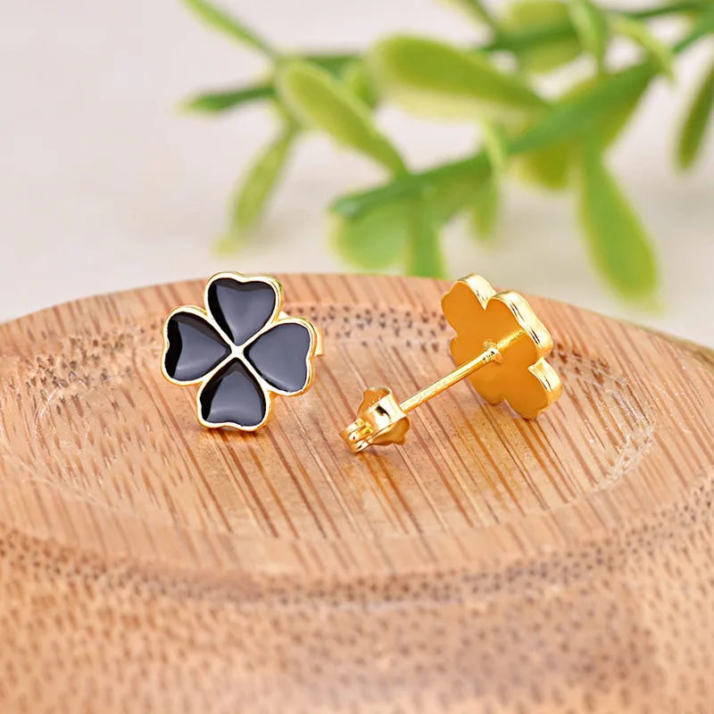 Черные серьги с четырехлистным клевером гвоздики из стерлингового серебра S925