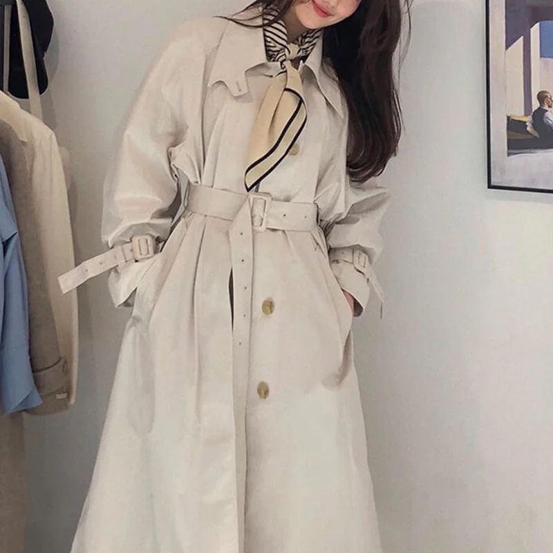 

Women's Long Windbreaker Turn-down Collar Long Sleeve Single Breated Sashes Lace-up Straight Autumn Winter Female Trench Coat