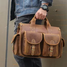 Men's Crazy Horse Leather Briefcase Fit 14" Laptop Fashion Genuine Leather Handbag Leather Business Bag Brown Work Tote