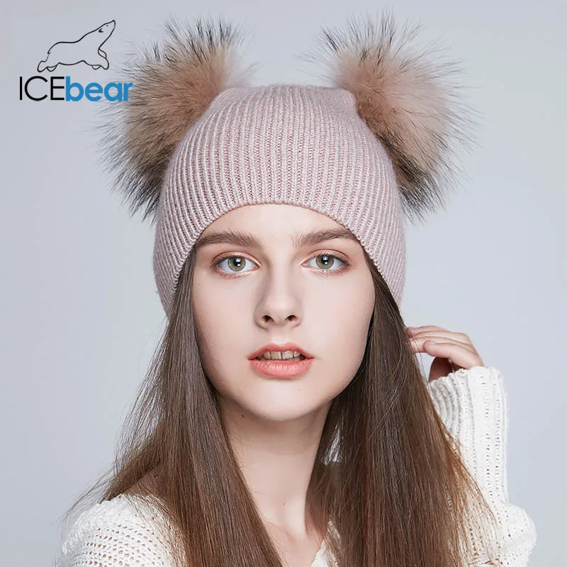 ICEbear мягкие женские зимние шапки, двойная настоящая шапка с меховым помпоном, теплая Милая шапка для девочек, Новое поступление, E-MX18118Q
