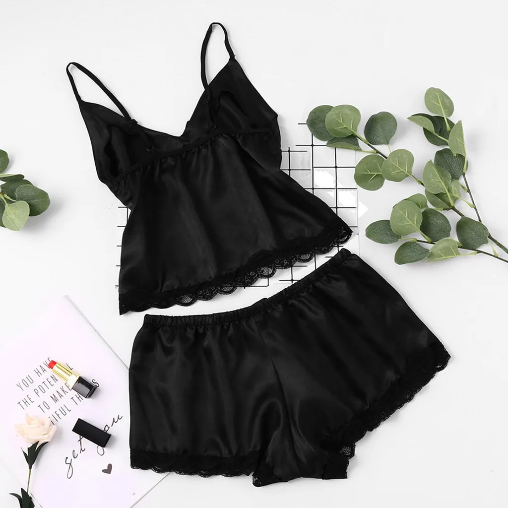 

2021 Women Sexy Satin Silk Sleepwear Set Lace V-neck Camisole Shorts Lingerie Pajamas Solid Sleeveless Solid Tops Home Clothes*