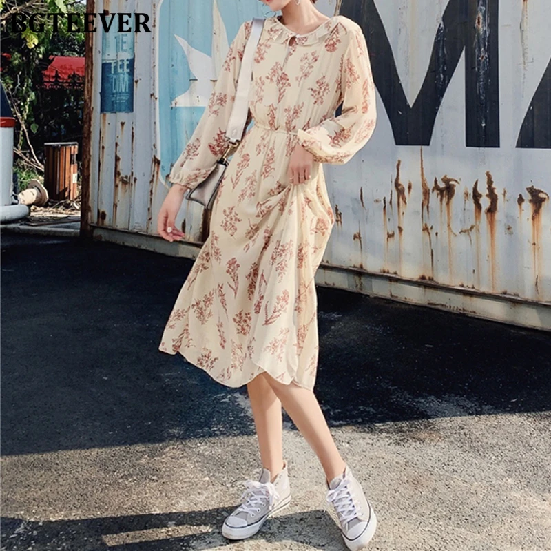 Платье BGTEEVER женское шифоновое с цветочным принтом повседневное длинным рукавом