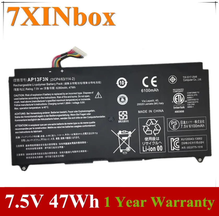 

7XINbox 7.5V 47Wh 6280mAh AP13F3N Laptop Battery For Acer Aspire S7-392 Ultrabook Series 2ICP4/63/114-2
