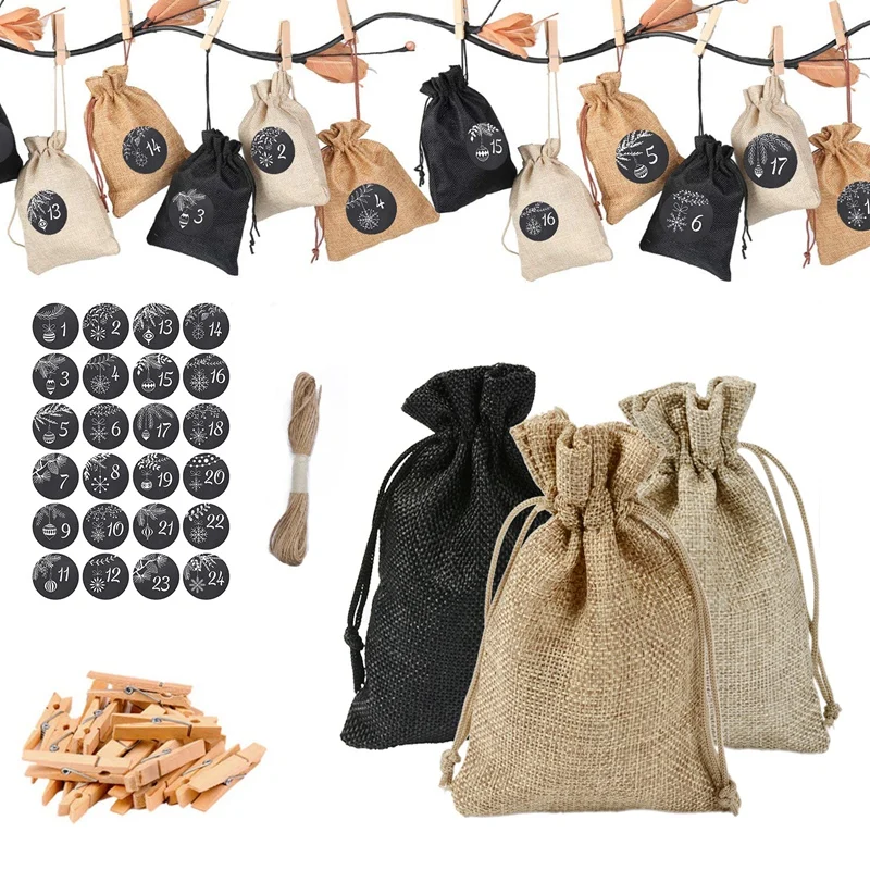 

Linen Gift Bag Set Calendar Sticker Christmas Halloween Candy Wrapping Hessian Drawstring Hemp Bags Burlap Gift Bags