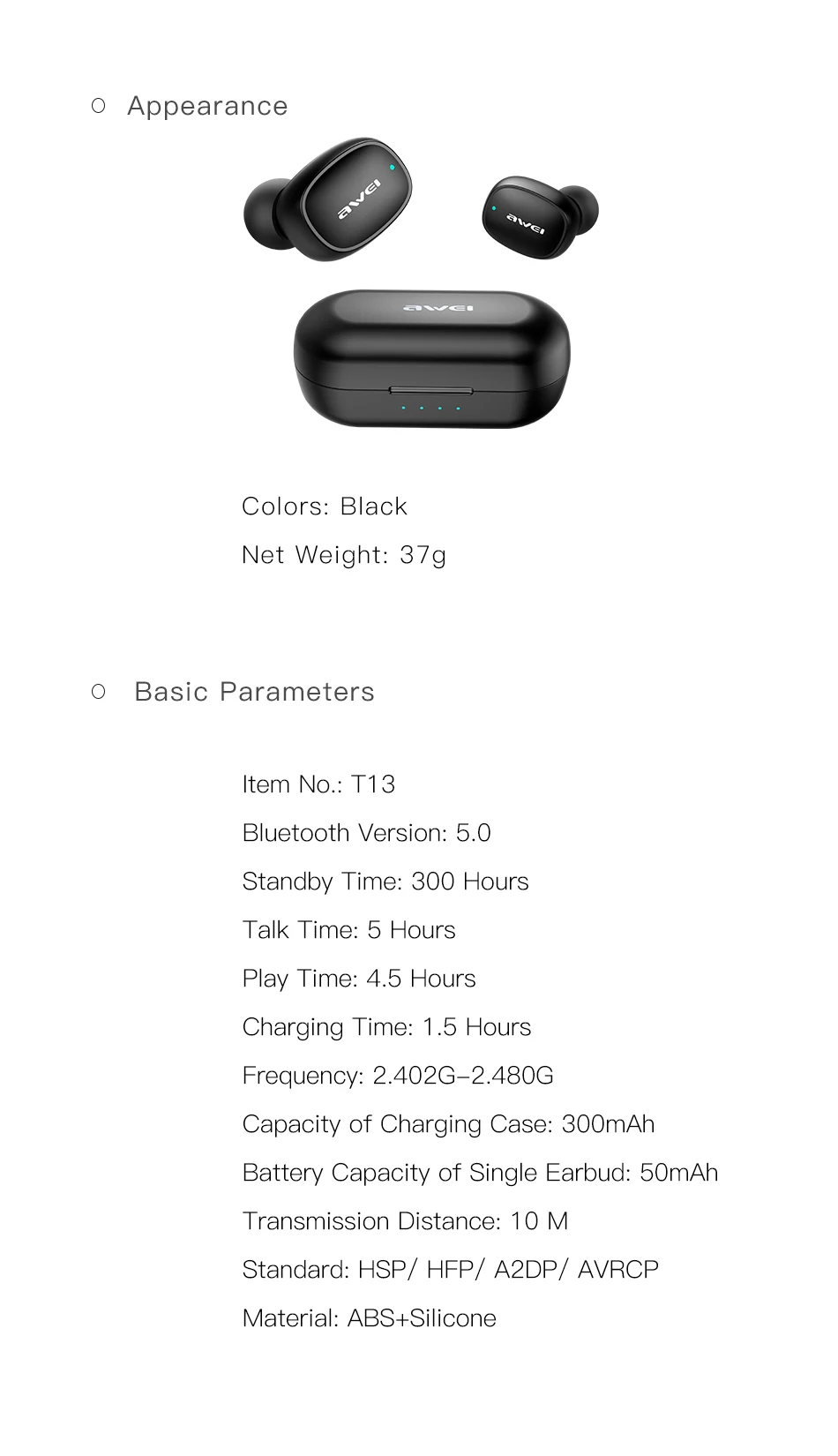 AWEI T13 TWS настоящие беспроводные Bluetooth наушники бас HiFi в уши мини Капсула Touch Contorl с микрофоном HiFi стерео игровые наушники