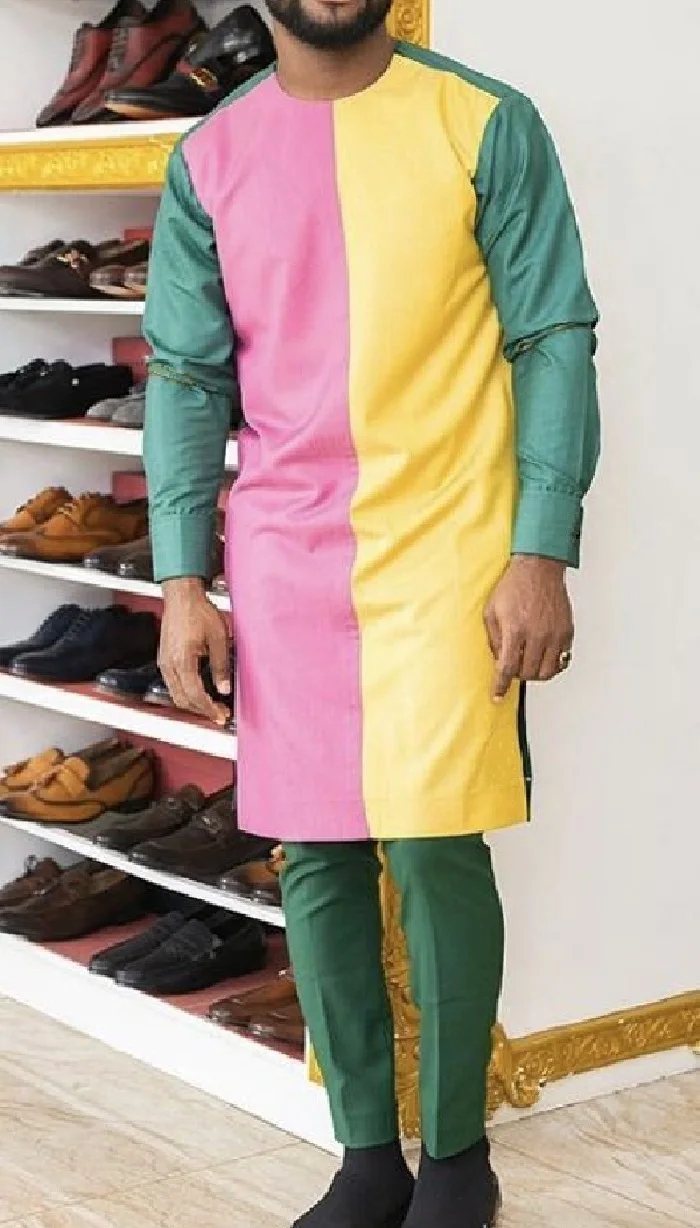 

Pink, yellow and matcha green patchwork shirt for men dashiki fashion tailor made groom suits man African pant sets