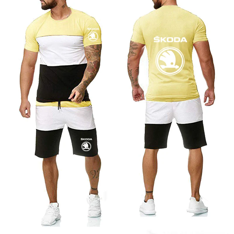 

2020 Summer Men's short sleeve Skoda Car logo Printed high quality Cotton Fashion Casual T-Shirt+Pants Suit 2Pcs