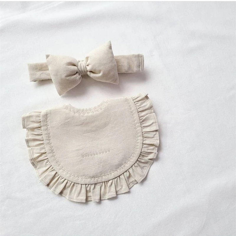 

23GD 2Pcs Baby Bib and Bow Knot Headband Set Solid Color Ruffles Newborn Infant Saliva Towel Burp Cloths Elastic Stretchy Hair