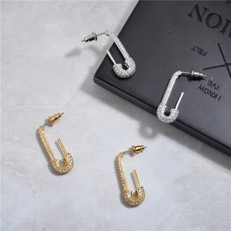 

HANGZHI 2020 New Trendy Punk Simple Geometric Imitation Pin shaped Rhinestone Metal Earrings for Woman/Men Girl Party Jewelry