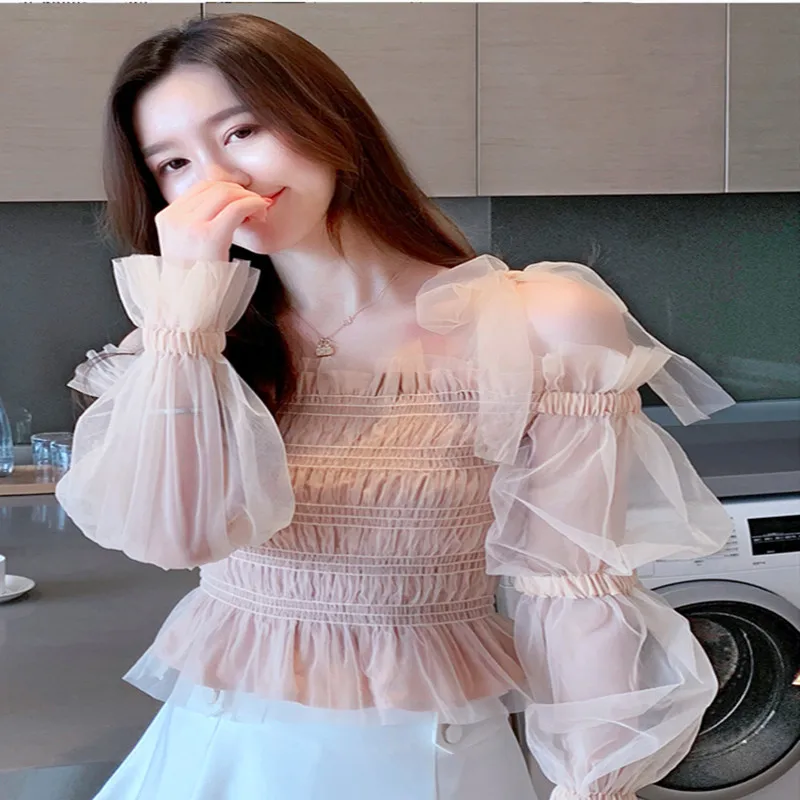 Женские топы и блузки фонарь с длинным эластичным рукавом открытыми плечами