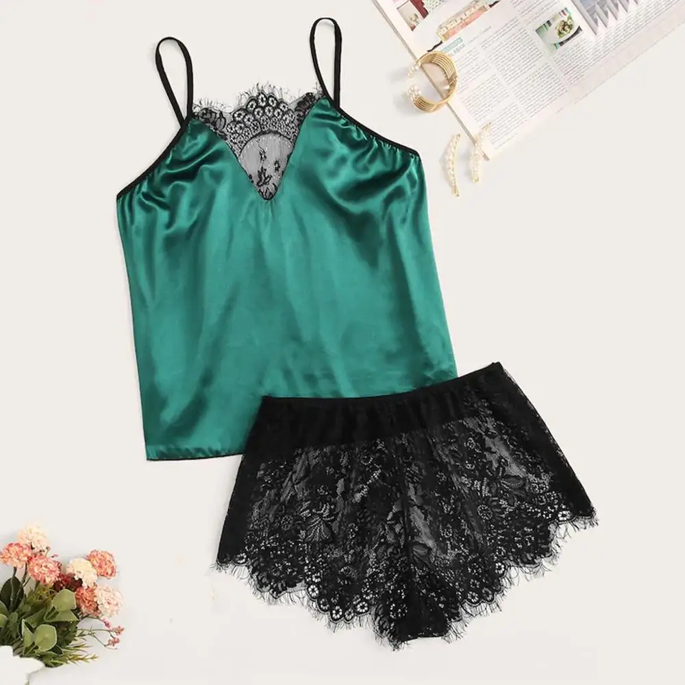 Женский атласный кружевной комплект из шелкового камзол шорты размера плюс