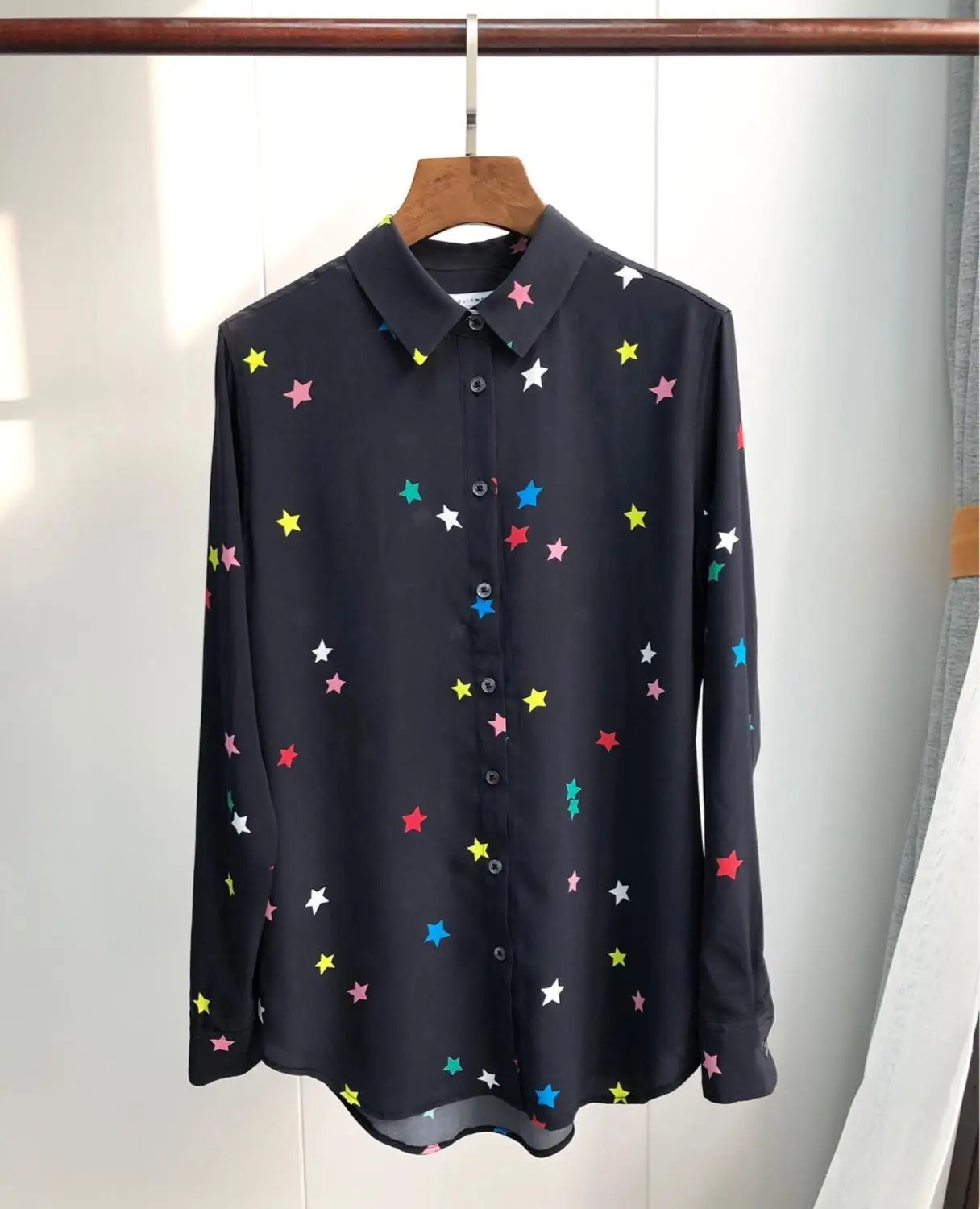 

Women Colorful Five Star Print Long Sleeve Silk Blouse Shirt
