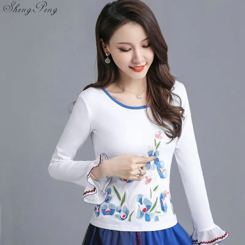 Весна Осень женская футболка Вышивка 2019 Blusas длинный рукав 5XL плюс Размер