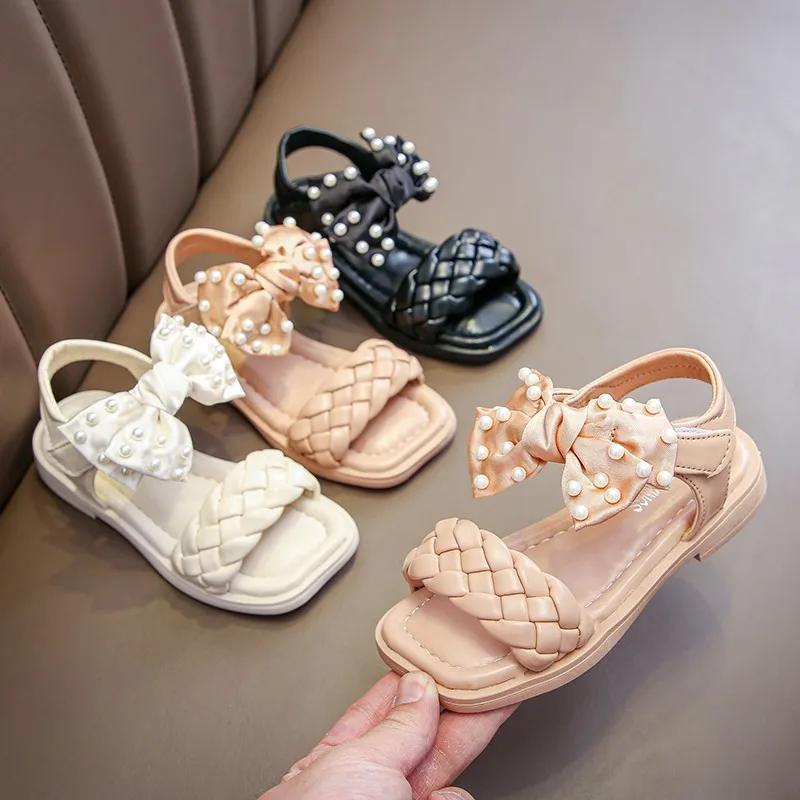 

Bow Pearl Sandals Summer Girls Sandals 2021 Fashion Weave Leather Beach Shoes For Princess High Quality Cow Split Girls Sandals