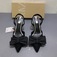 womens shoes 2021 summer new black suede pointed shallow mouth bow high heels with stiletto heel sandals
