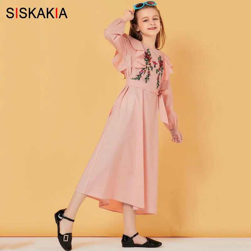 Siskakia/одинаковые платья для мамы и дочки; длинное розовое платье с милыми оборками в стиле пэчворк с вышивкой; мусульманское Повседневное платье макси размера плюс