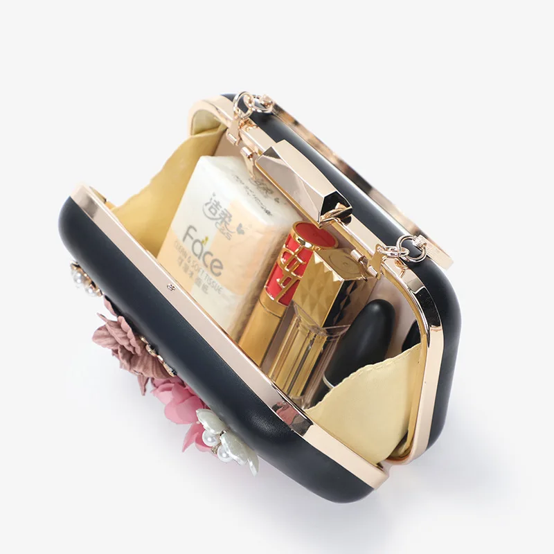 

Fashion Women Evening Bag Flower Beaded Small Clutch Evening Bag With Chain Shoulder Handbags Leather Metal Handbag