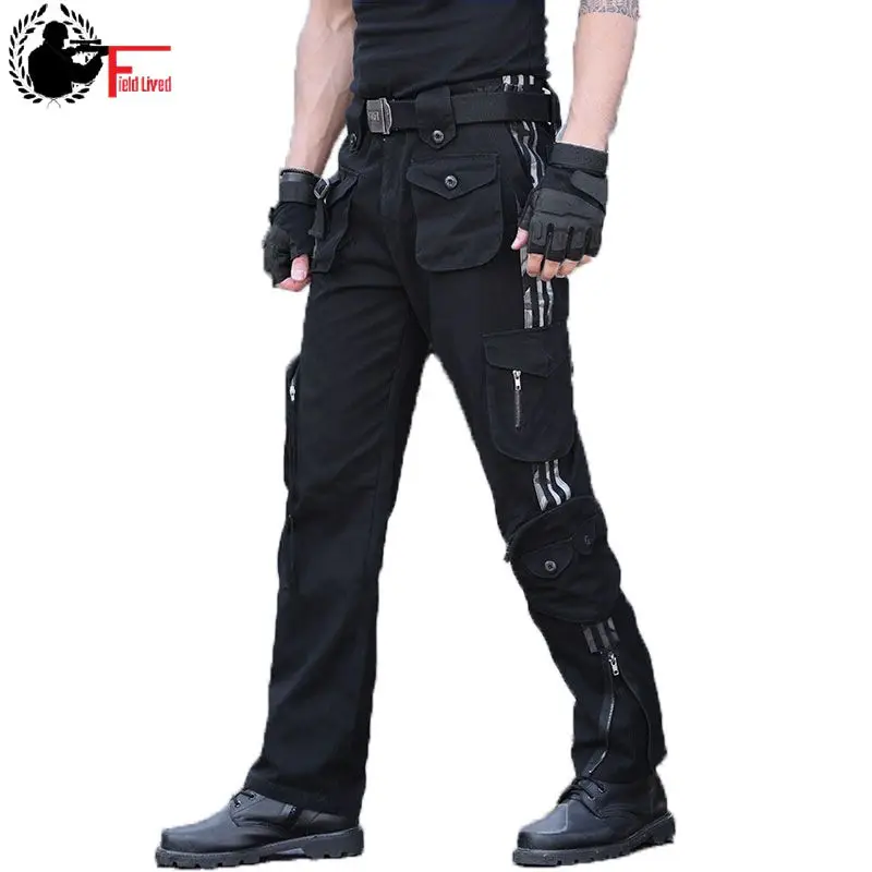 Cargo Pants Men Camo Many Pocket Knee Zipper Straight Trousers Loose Fit Army Style Camouflage Jogger Male Black Tactical Cotton|camouflage