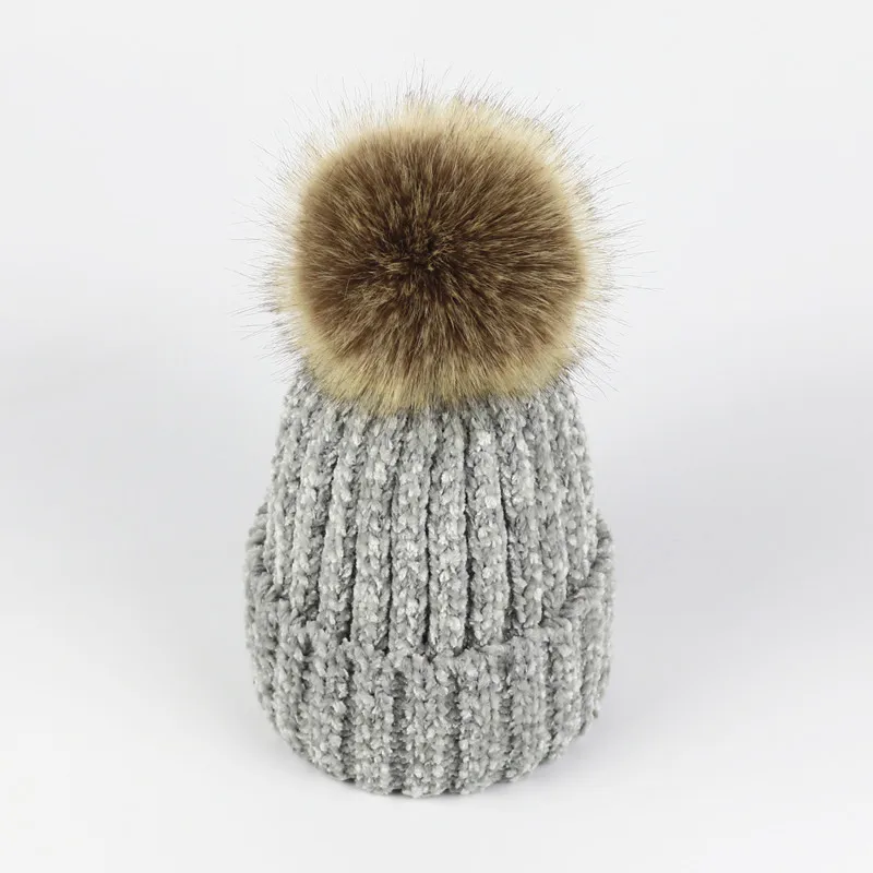 Новинка зимние теплые шапки с пышной опушкой из искусственного меха Pom pom трикотажные Шапки шапки бини шапки Для женщин Кабельное вязаные Skullies с ботиночки с помпончиками завитые без полей для мужчин