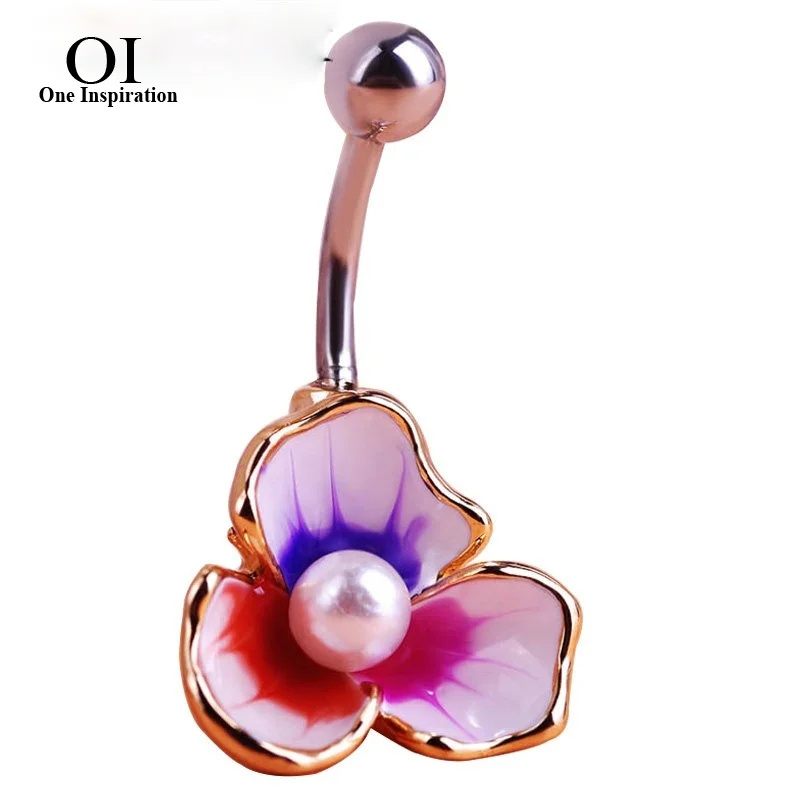 

OI Enamel Flower Navel Rings Pearl Body Piercings Feminino Umbigo Piercing Flower Surgical Steel Tunnels Belly Ring