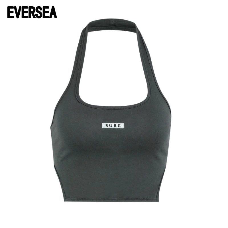 

Everse Fit Neck Collar Vest Summer Lettern Embroidery Women Crop Tops