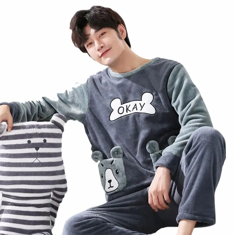 Мужская пижама размера плюс 3XL зимняя Фланелевая из кораллового флиса утепленная