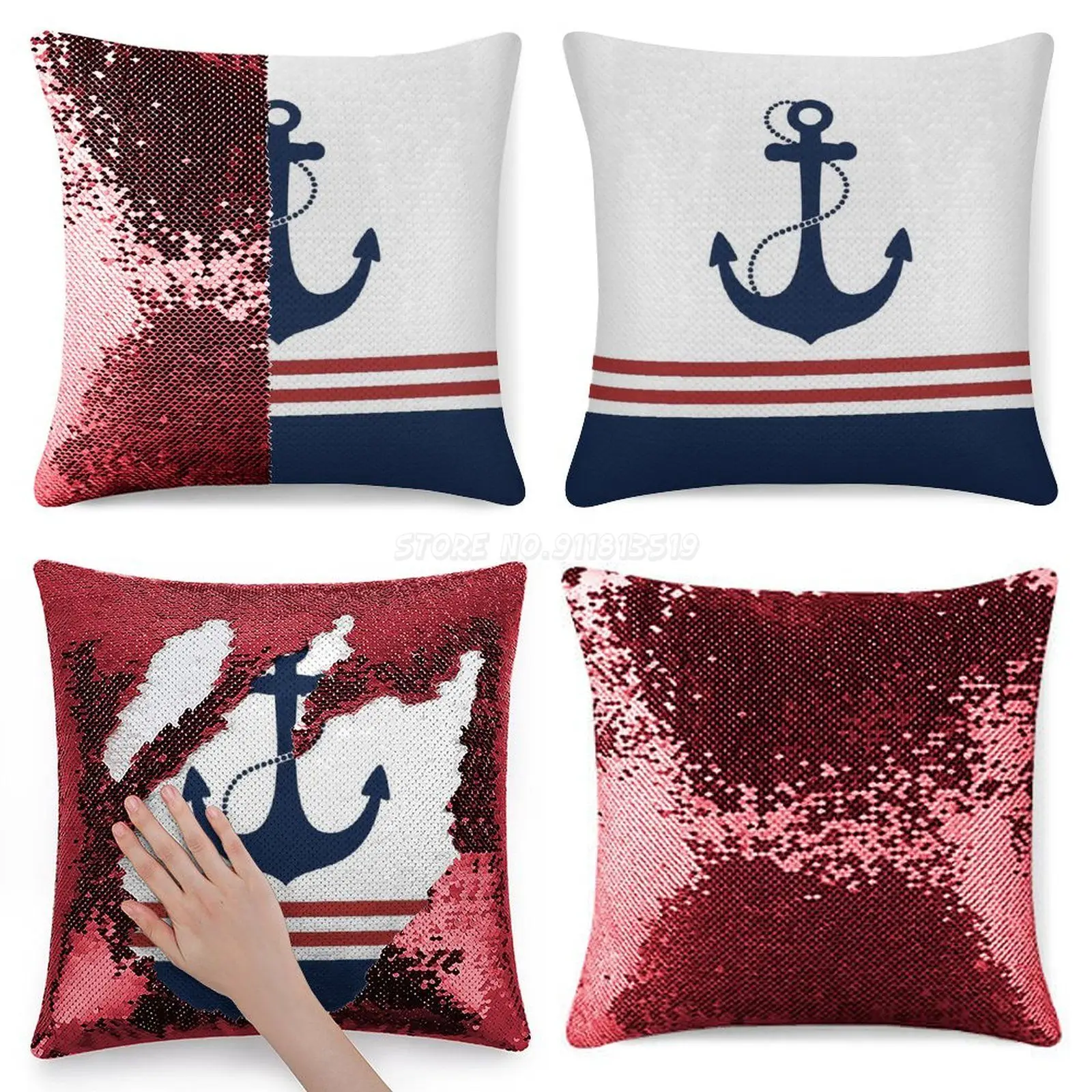 Наволочка для дивана с морским якорем и блестками 40 х40 см|Наволочка| |
