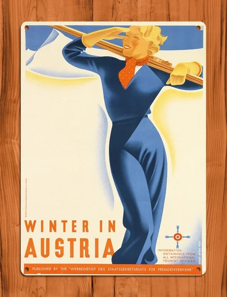 

TIN SIGN "Austria Ski Poster" Winter Mountains Girl Cabin Decor