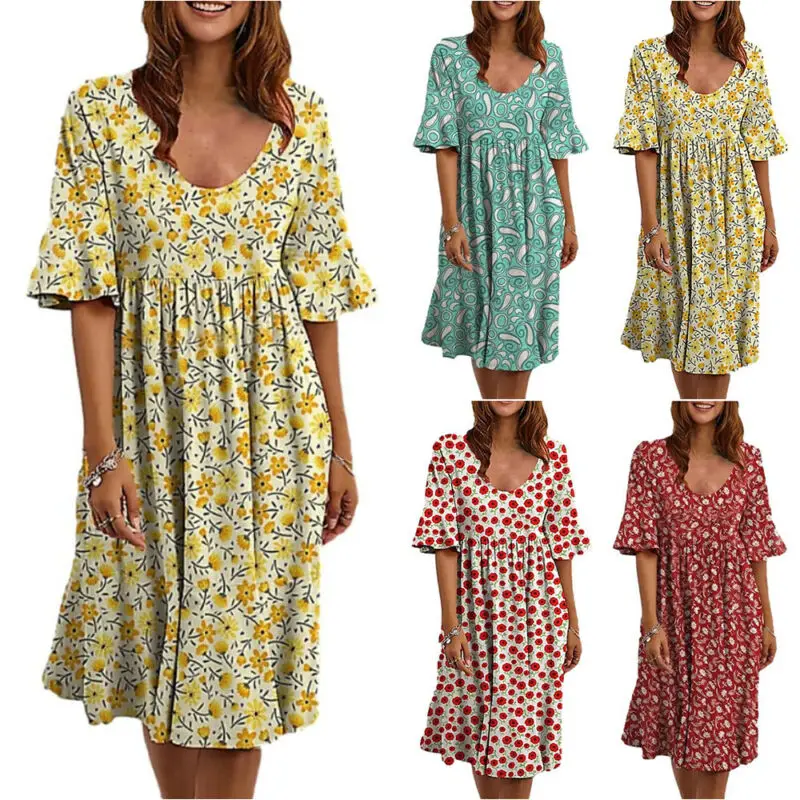 

Women Floral Print Short Sleeve Knee Length Dress Summer Holiday Party Sundress