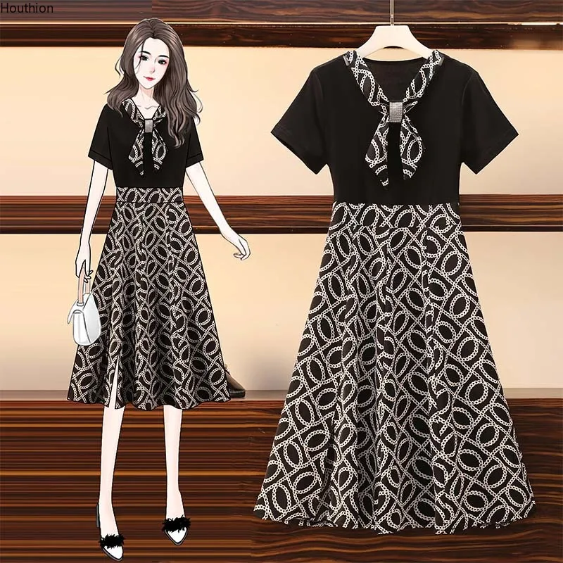 

Houthion Women Dresses Chiffon Midi Dress Bosmia New Korean Casual Fashion Draw Back Splicing Dresse A-LINE Mid-Calf