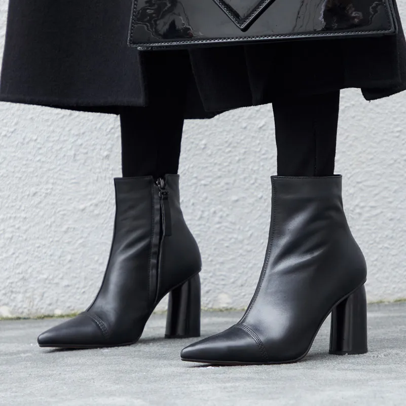 

ANNYMOLI Fall Ankle Boots Women Natural Genuine Leather Round Heels Short Boots Zip Extreme High Heel Shoes Ladies Winter 33-40