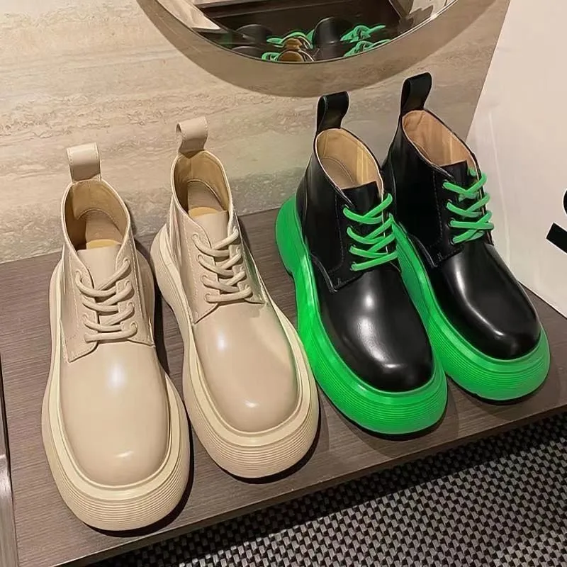 

New Fashion Women Shoes Color Matching Martin Boots Female Simple Platform Shoes All-Match Retro British Leather Woman Booties