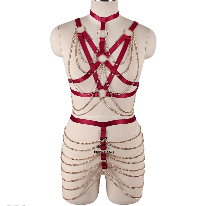 

Sexy Punk Metal Chain Harness Lingerie 2 Piece Set Body Suspenders Bra Gothic Women Goth Multi-Layer Chain Skirt Club Costumes
