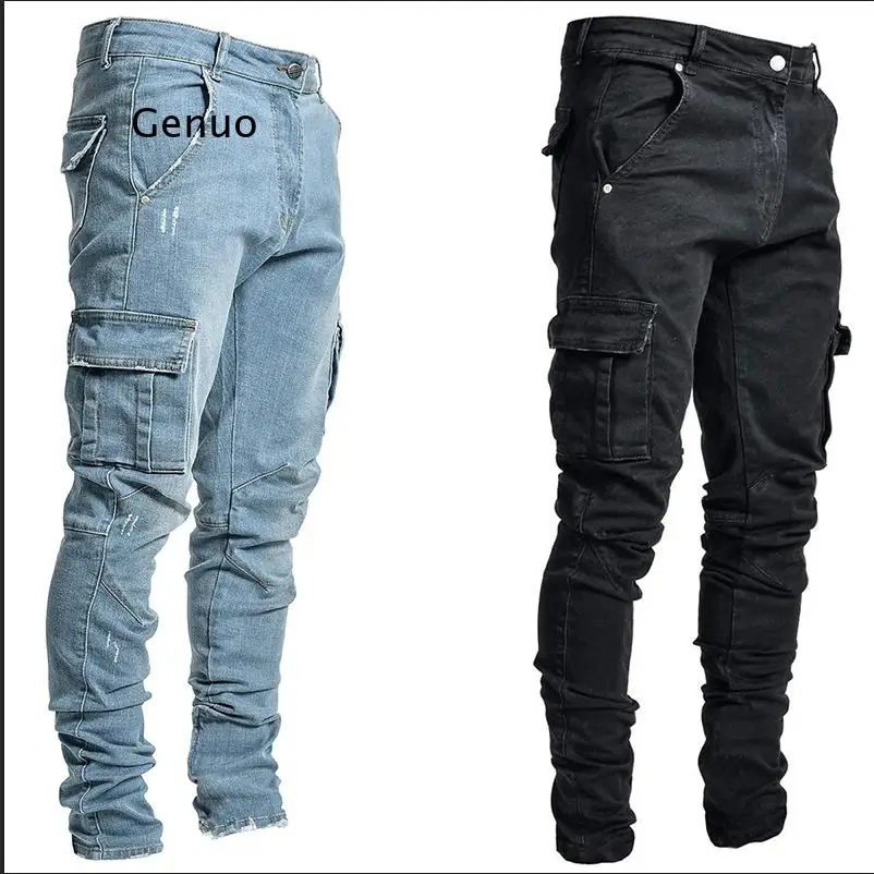 Jeans Men Pants Casual Cotton Denim Trousers Multi Pocket Cargo Jeans Men New Fashion Denim Pencil Pants Side Pockets Cargo