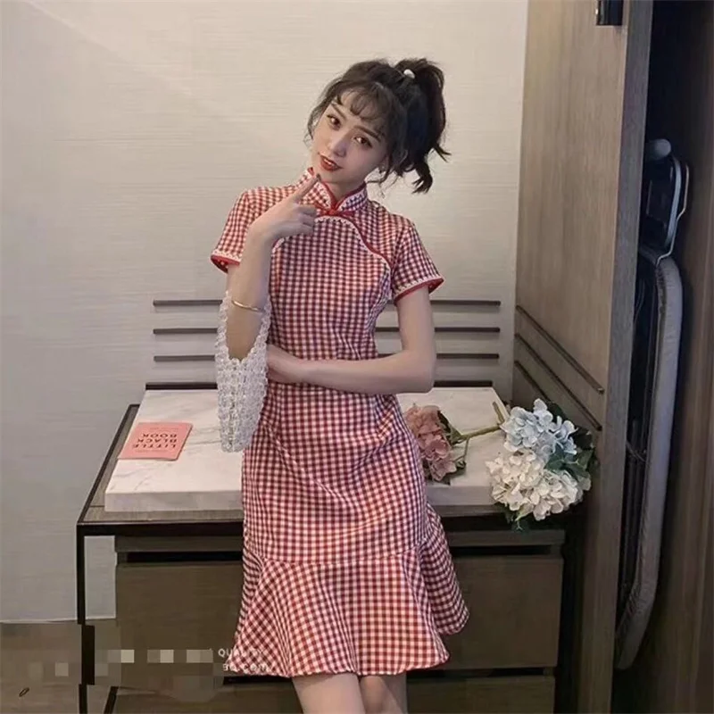 Cheongsam dress children's 2021 summer new Korean version new fashion retro Chinese style Plaid fishtail skirt