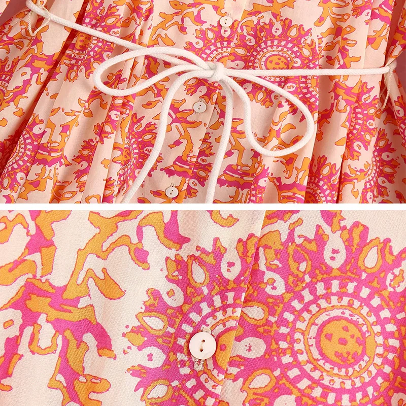 

Summer Dress For Women Vintage Print Sundresses With Belt Mini Long Sleeve Shirt Dress Robe Femme Short Vestido Mujer 2021 New