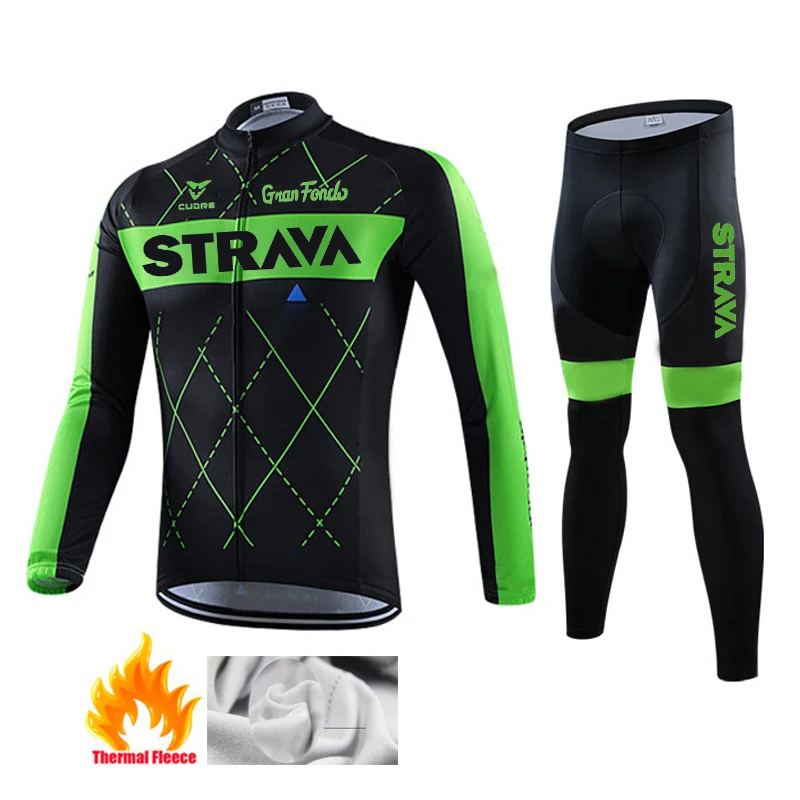 

New 2021 STRAVA Team Winter Thermal Fleece Long Sleeve Keep warm Cycling Clothes Men Outdoor MTB Bike Clothing Pants Set
