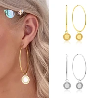 925 silver needle exaggeration big circle hoop earrings for women statement gold silver coin pendant earrings party jewelry