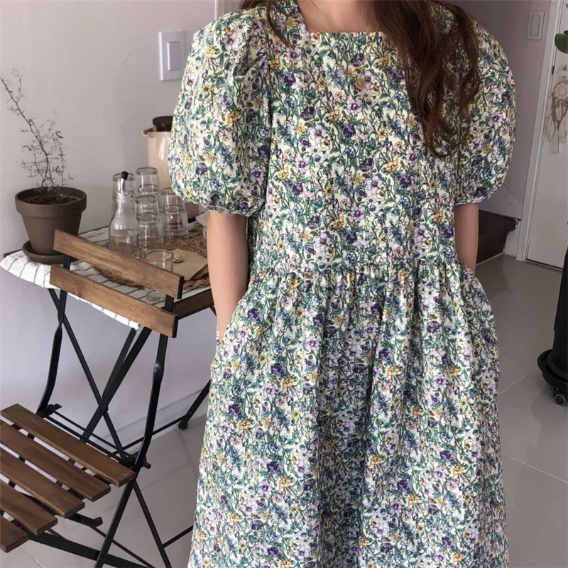 

2020 New Arrivals Floral Print Long Summer Dress for Ladies O-neck Puff Sleeve Feminine Sundresses Loose Chic Women's Clothing