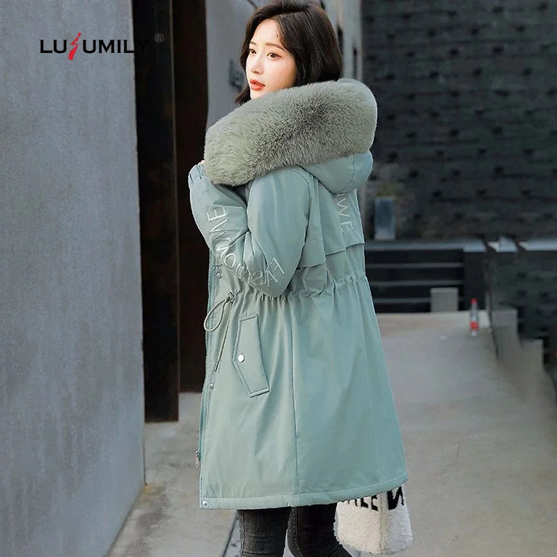 

Зимнее пальто Lusumily с хлопковой подкладкой, женская утепленная куртка, Повседневная парка с вышивкой, большая парка с меховой подкладкой и к...