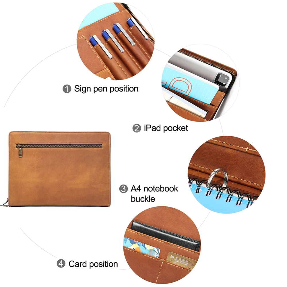 JOYIR Genuine  Leather Portfolio Case Men Women Multi Pocket Padfolio Cover Bussiness Document A4 Organizer 12.9" iPad Holder images - 6
